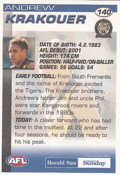 2005 Select Herald Sun AFL #140 Andrew Krakouer Back